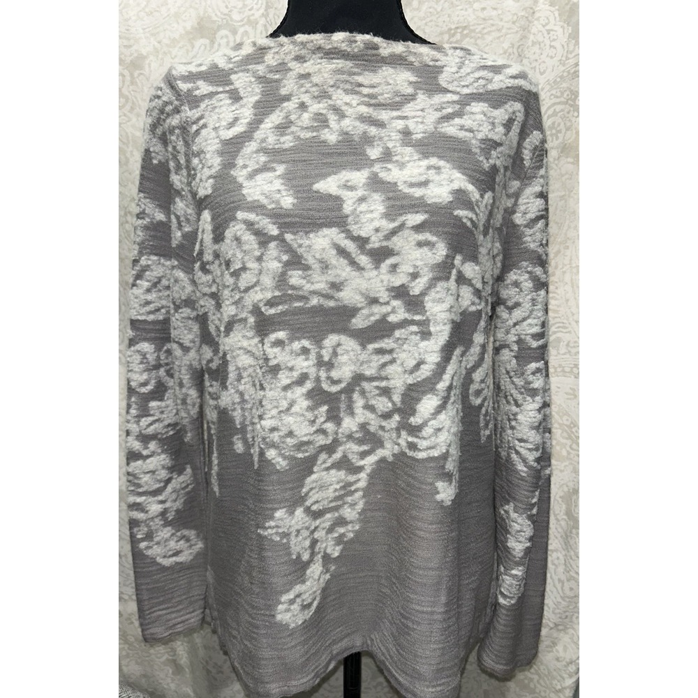 J Jill Gray White Floral Knit Pullover Sweater‎ Long Sleeve Women's M